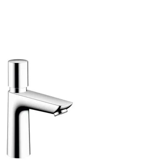 Chromenes Standventil von Hansgrohe mit einer schmalen, flachen Auslauföffnung für Kaltwasser oder vorgemischtes Wasser ohne Ablaufgarnitur.